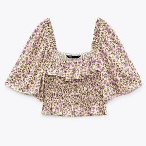 Zara Floral Ruched Smocked Flowy Crop top NWT Size Small
